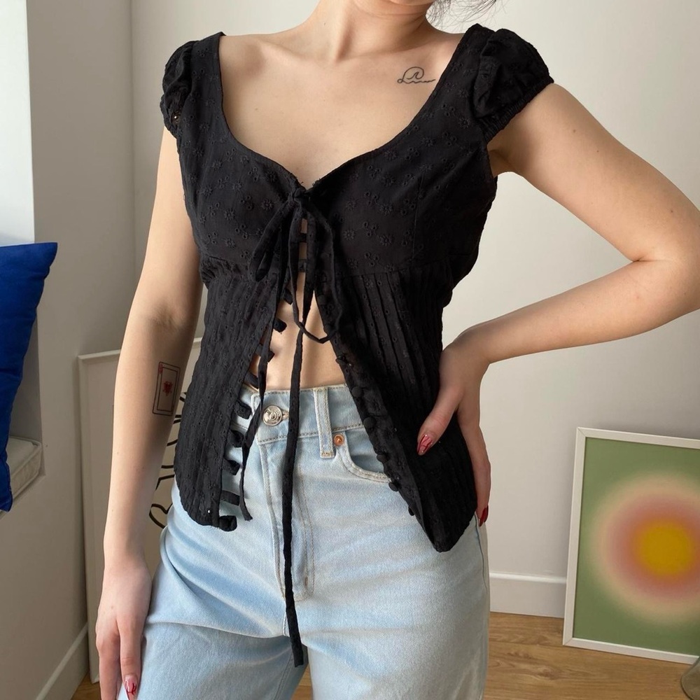 Black Eyelet Tie-Front Top
